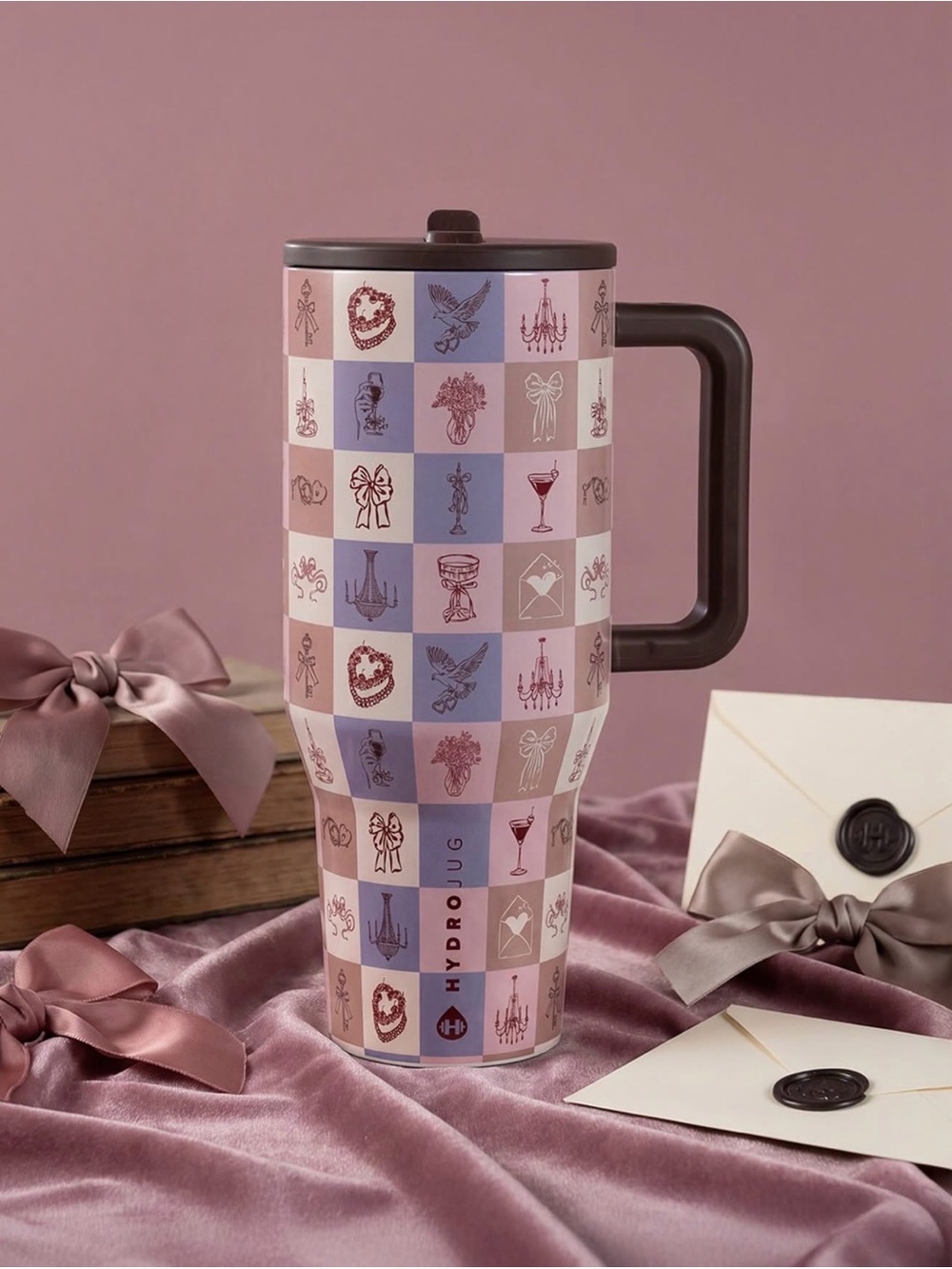 HydroJug 40oz Key to My Heart Pink & Lavender Checker Travel Mug